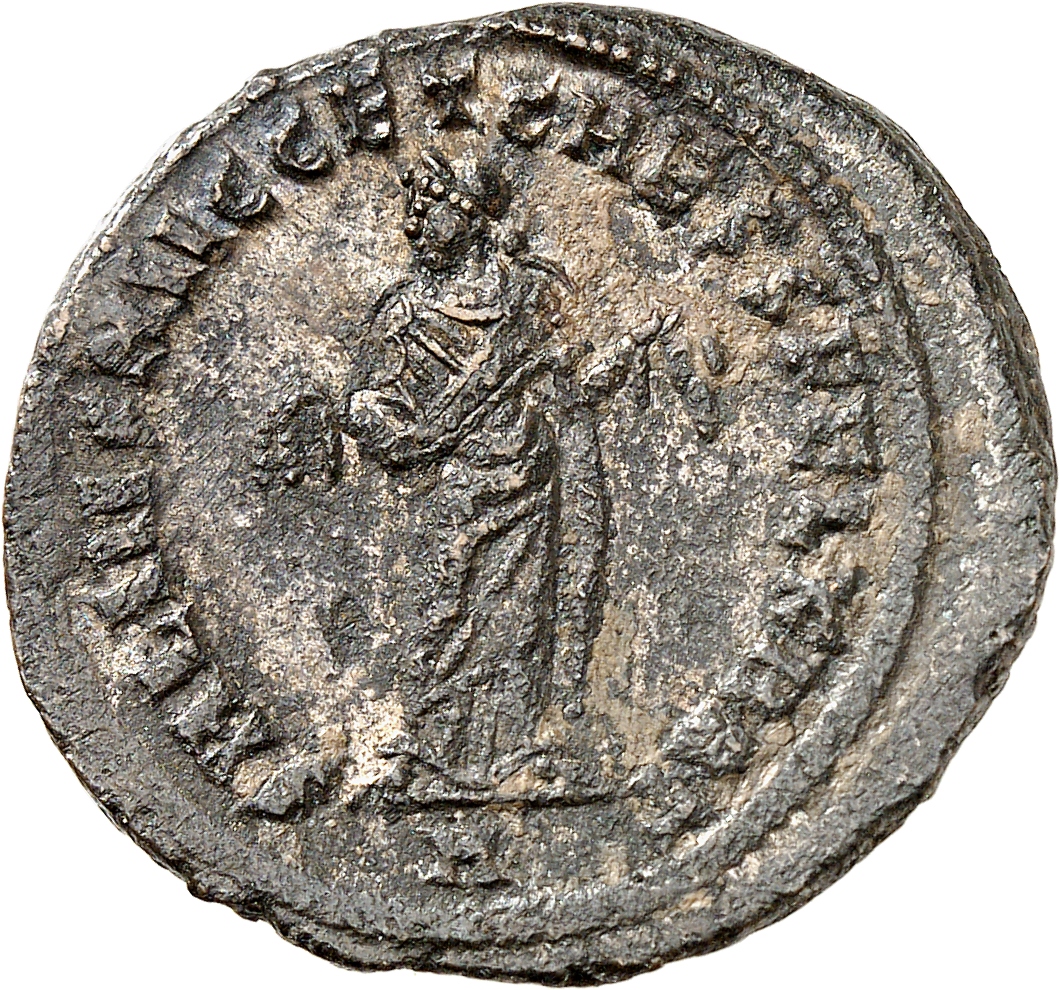 RIC VI Carthage 31a Maximian reverse — Carthage, wearing long robe, standing front, head left, holding fruits in both hands