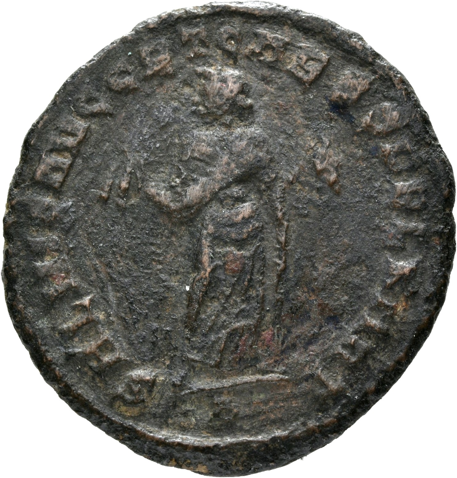 RIC VI Carthage 31b Maximian reverse, Carthage, wearing long robe, standing front, head left, holding fruits in both hands