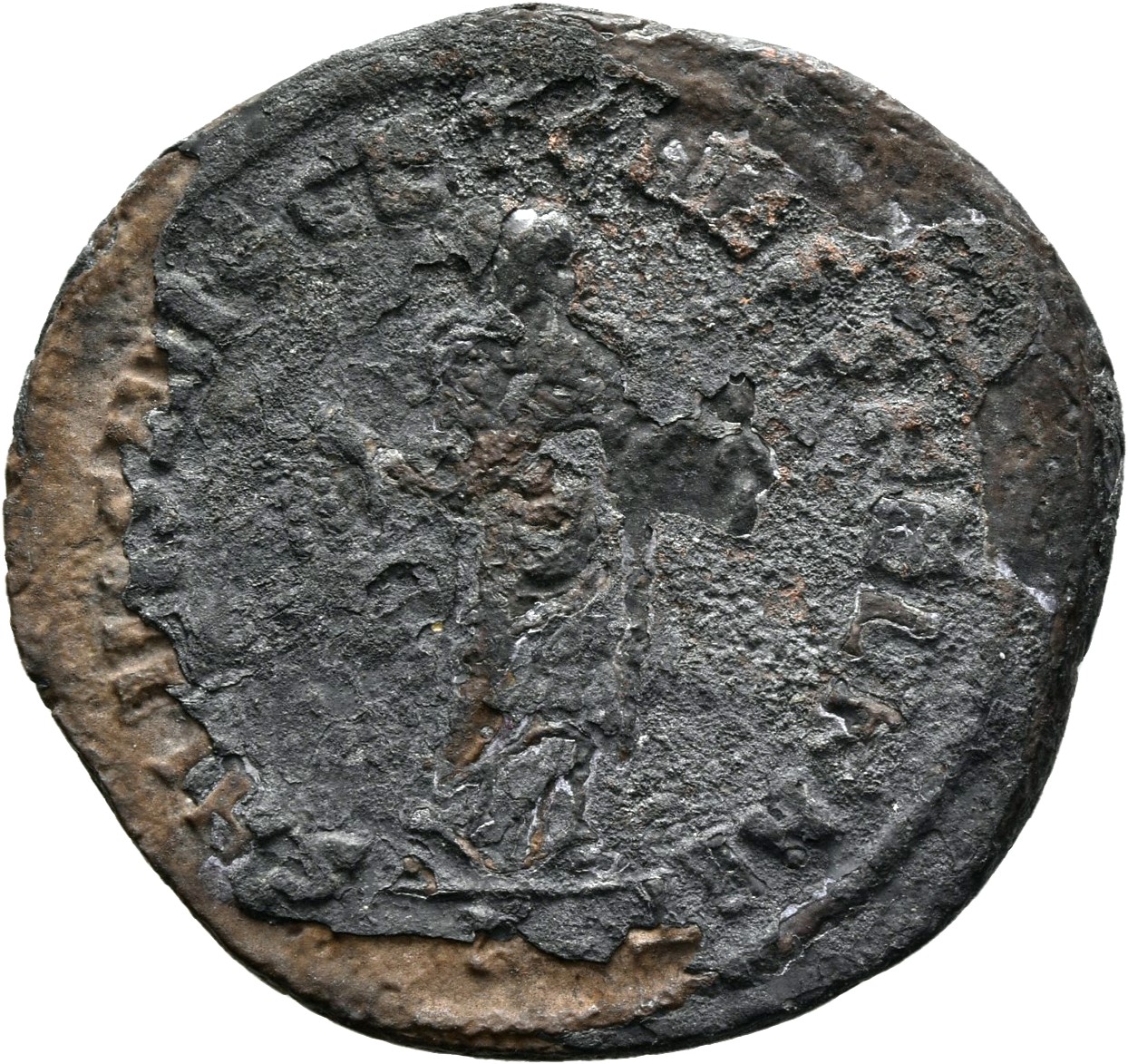 RIC VI Carthage 31b Maximian reverse — Carthage, wearing long robe, standing front, head left, holding fruits in both hands