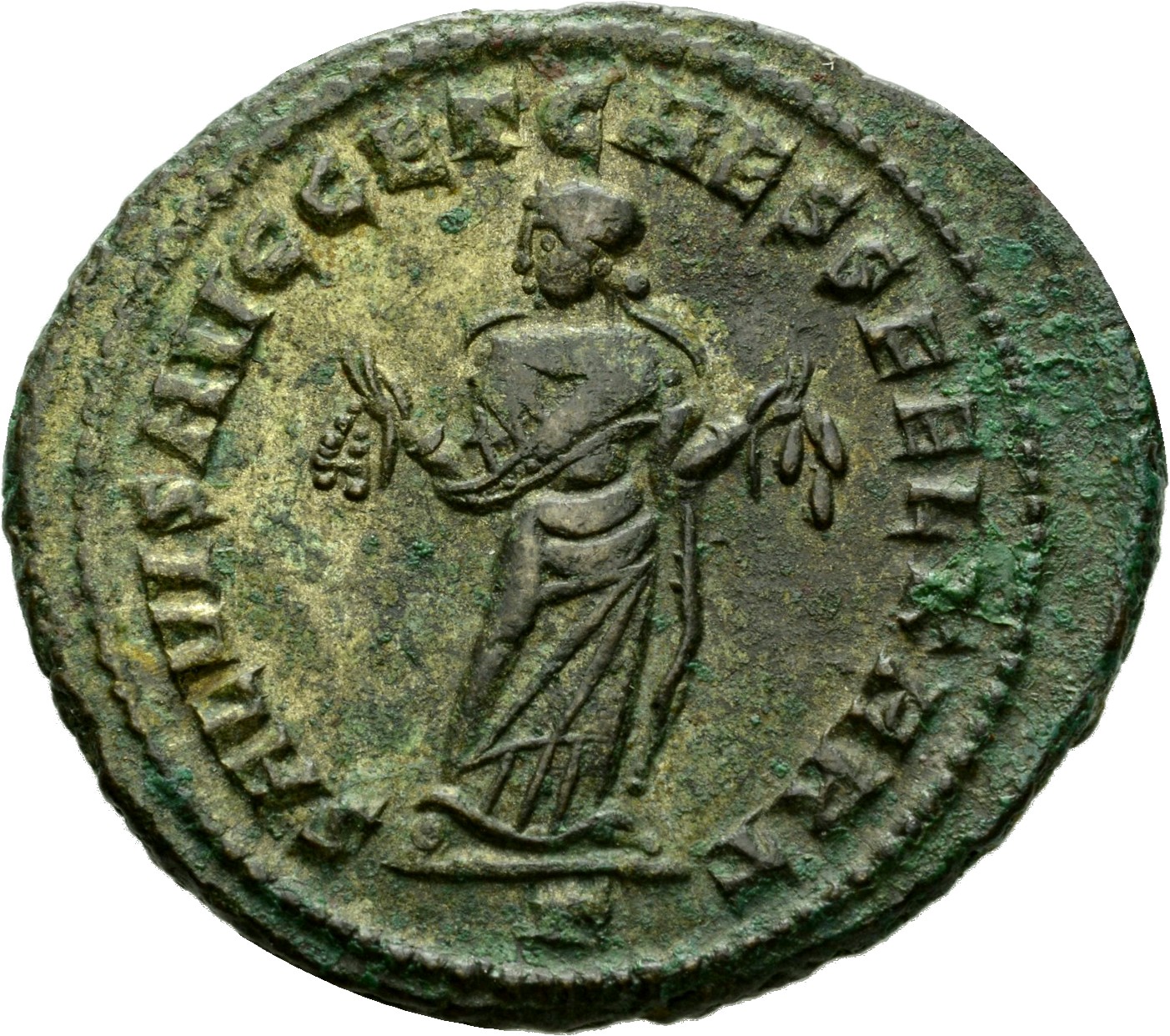 RIC VI Carthage 32a Maximian reverse, Carthage, wearing long robe, standing front, head left, holding fruits in both hands