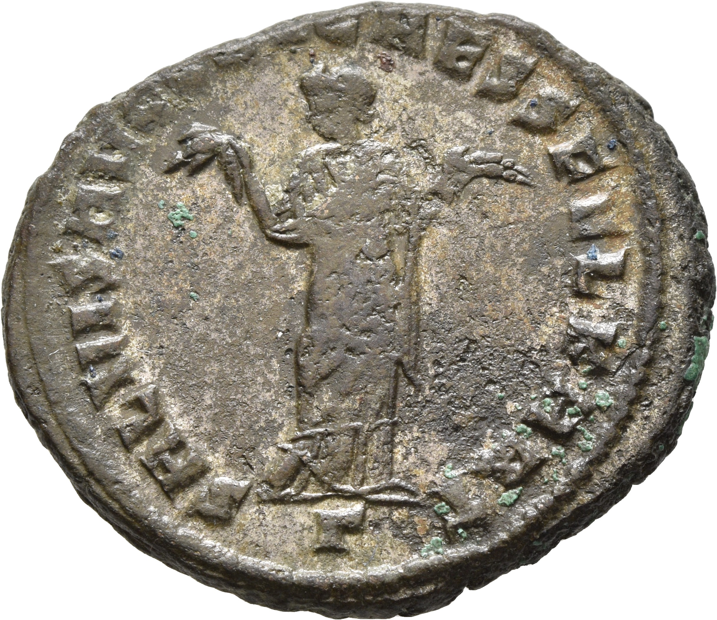 RIC VI Carthage 32a Maximian reverse — Carthage, wearing long robe, standing front, head left, holding fruits in both hands
