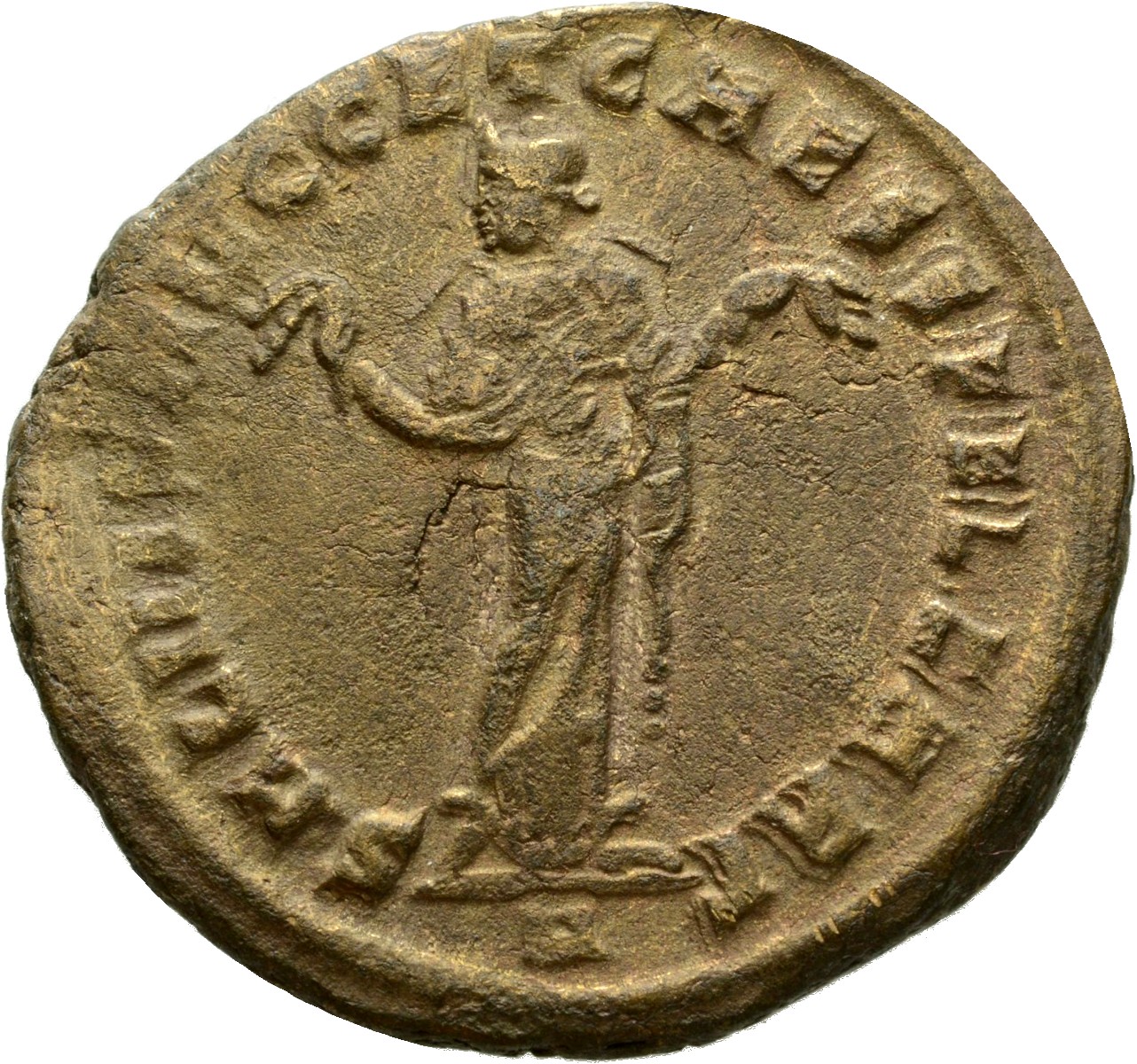 RIC VI Carthage 32b Maximian reverse, Carthage, wearing long robe, standing front, head left, holding fruits in both hands