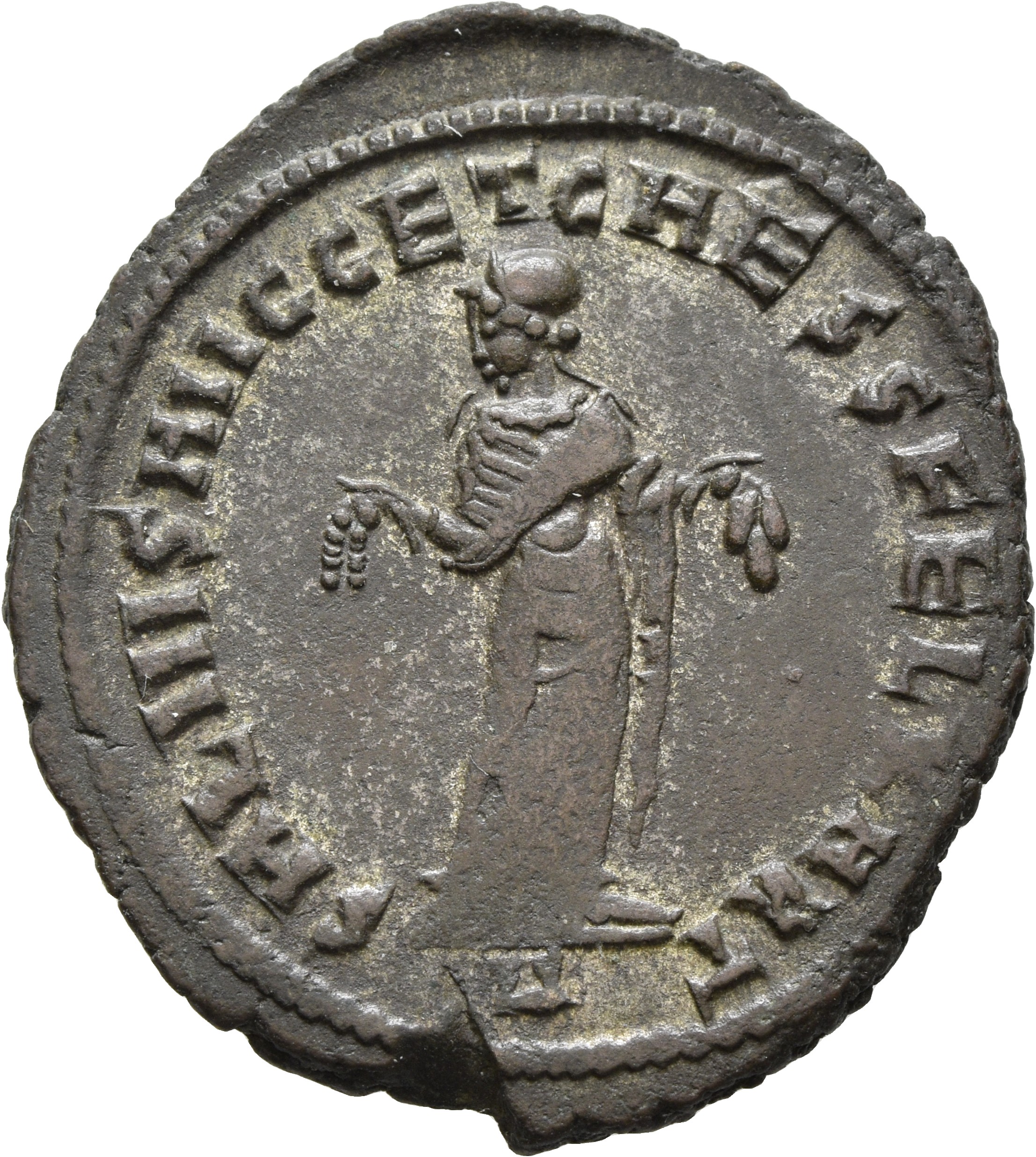 RIC VI Carthage 32b Maximian reverse — Carthage, wearing long robe, standing front, head left, holding fruits in both hands