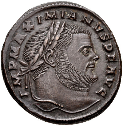 RIC VI Carthage 35b Maximian obverse — Bust of Galerius, radiate, draped, cuirassed, right