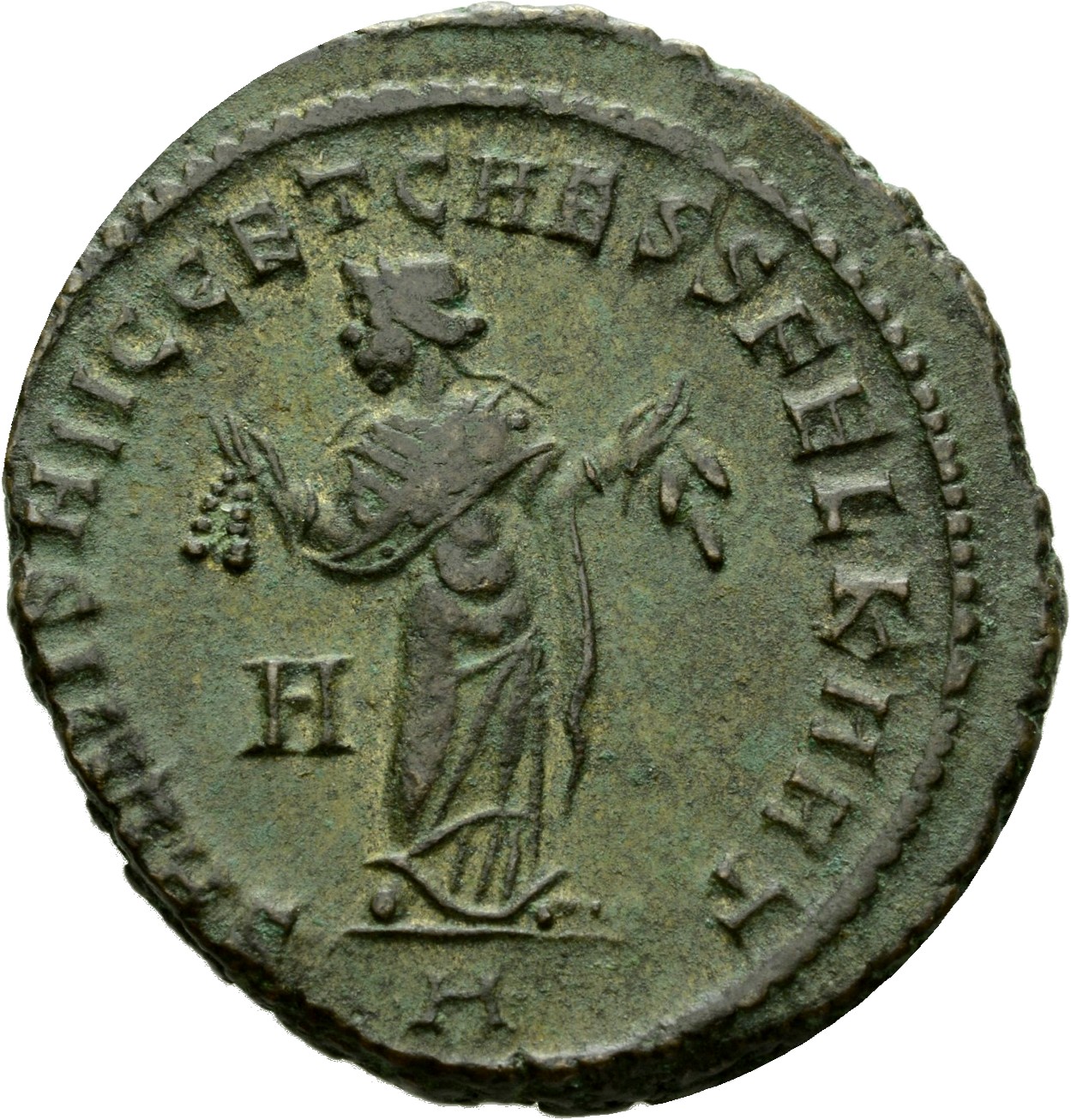 RIC VI Carthage 39a Constantius Chlorus reverse, Carthage, wearing long robe, standing front, head left, holding fruits in...