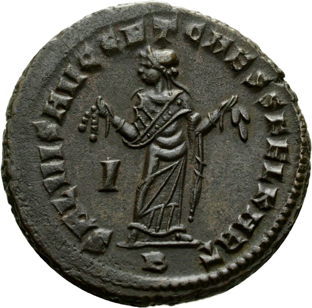 RIC VI Carthage 39b Constantius Chlorus reverse, Carthage, wearing long robe, standing front, head left, holding fruits in...