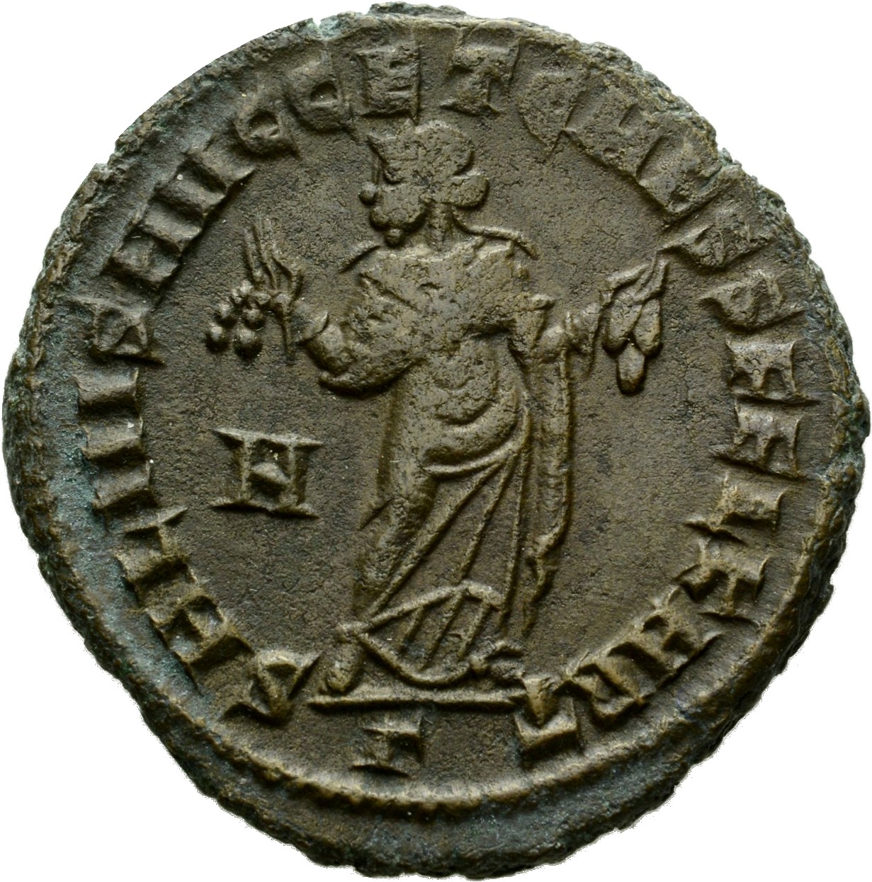 RIC VI Carthage 40a Constantius Chlorus reverse, Carthage, wearing long robe, standing front, head left, holding fruits in...