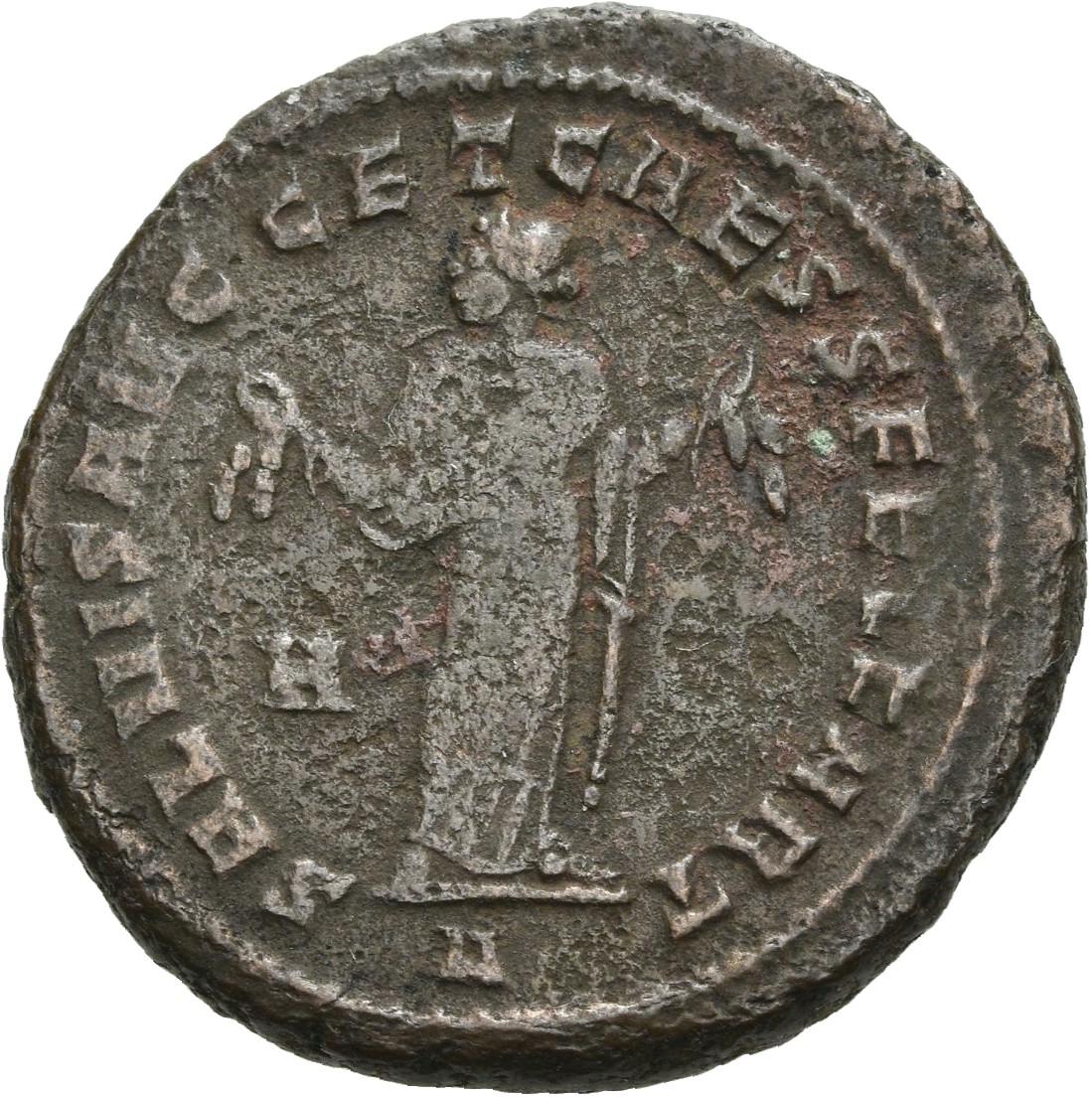 RIC VI Carthage 51a Maxentius reverse, Carthage, wearing long robe, standing front, head left, holding fruits in both hands