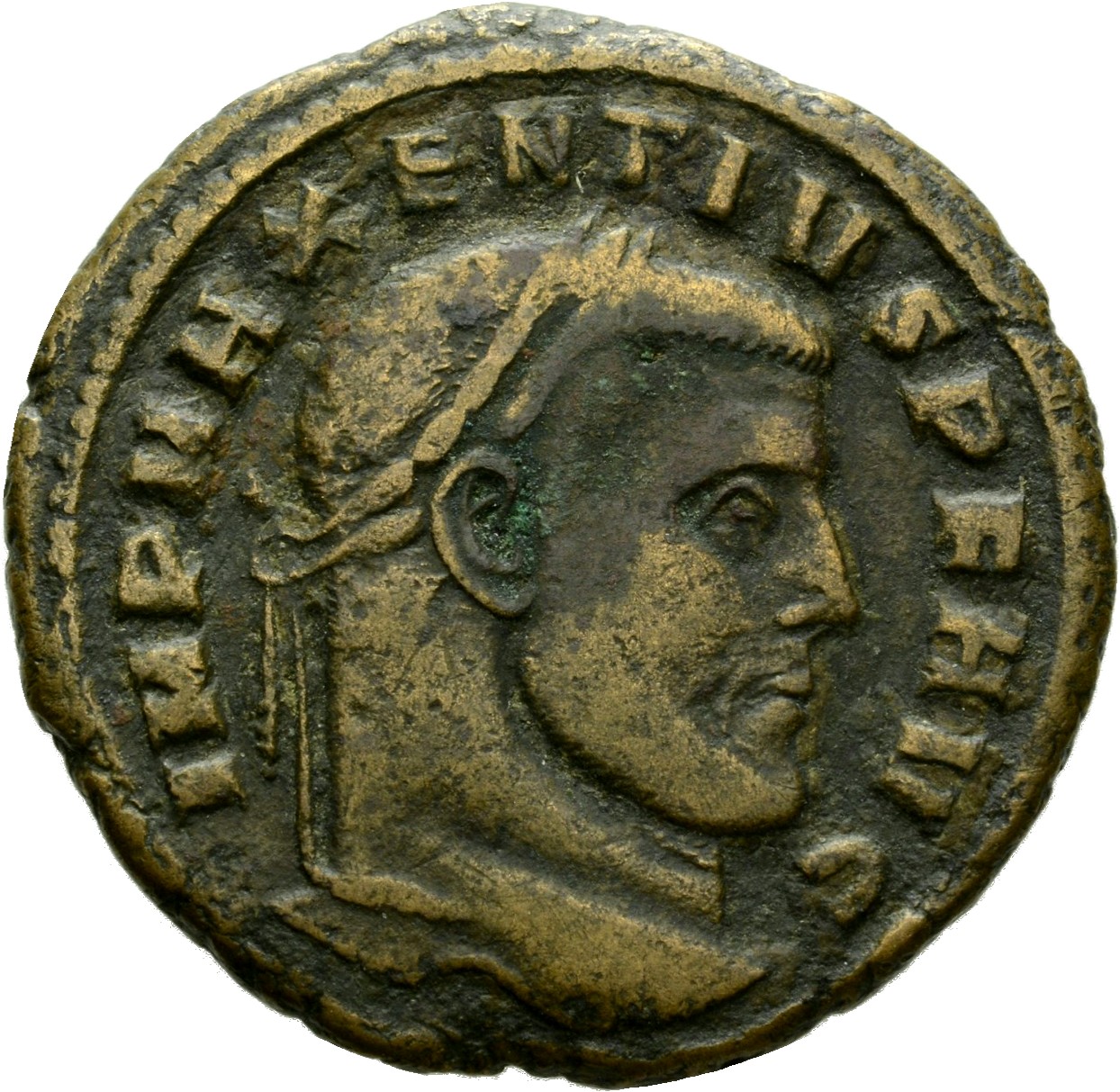 RIC VI Carthage 57 Maxentius obverse, Head of Maxentius, laureate, right