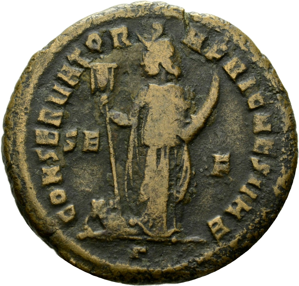 RIC VI Carthage 57 Maxentius reverse, Africa, wearing elephant-skin head-dress, draped, standing front, head left, holding...