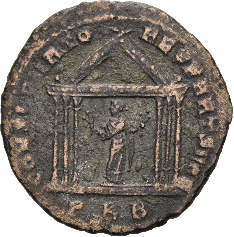RIC VI Carthage 60 Maxentius reverse, Carthage, draped, standing front, head left, holding fruits in both hands, in hexast...