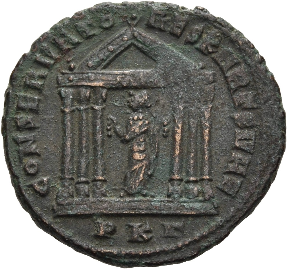 RIC VI Carthage 60 Maxentius reverse — Carthage, draped, standing front, head left, holding fruits in both hands, in hexas...