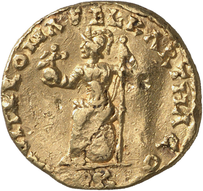 RIC VI Carthage 63 Domitius Alexander reverse, Roma, helmeted, draped, seated left on shield, holding Victory on globe in ...