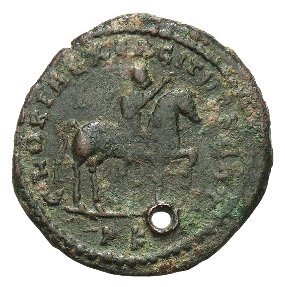 RIC VI Carthage 66 Domitius Alexander reverse, Domitius Alexander, radiate, draped, cuirassed, riding right, raising right...