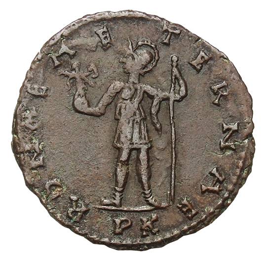 RIC VI Carthage 71 Domitius Alexander reverse, Domitius Alexander, helmeted, draped, cuirassed, standing front, head left,...