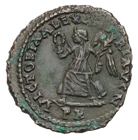 RIC VI Carthage 73 Domitius Alexander reverse, Victory, winged, draped, advancing left, holding wreath in right hand and p...