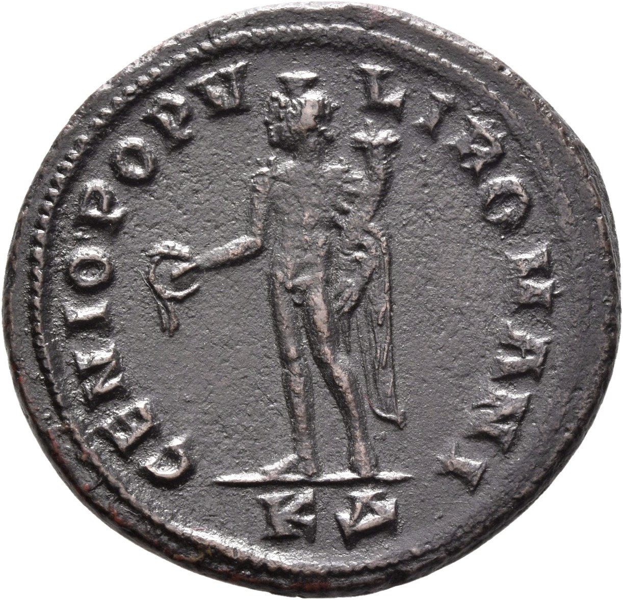 RIC VI Cyzicus 10b Diocletian reverse — Genius, wearing modius, nude, chlamys draped over left shoulder, standing left, po...