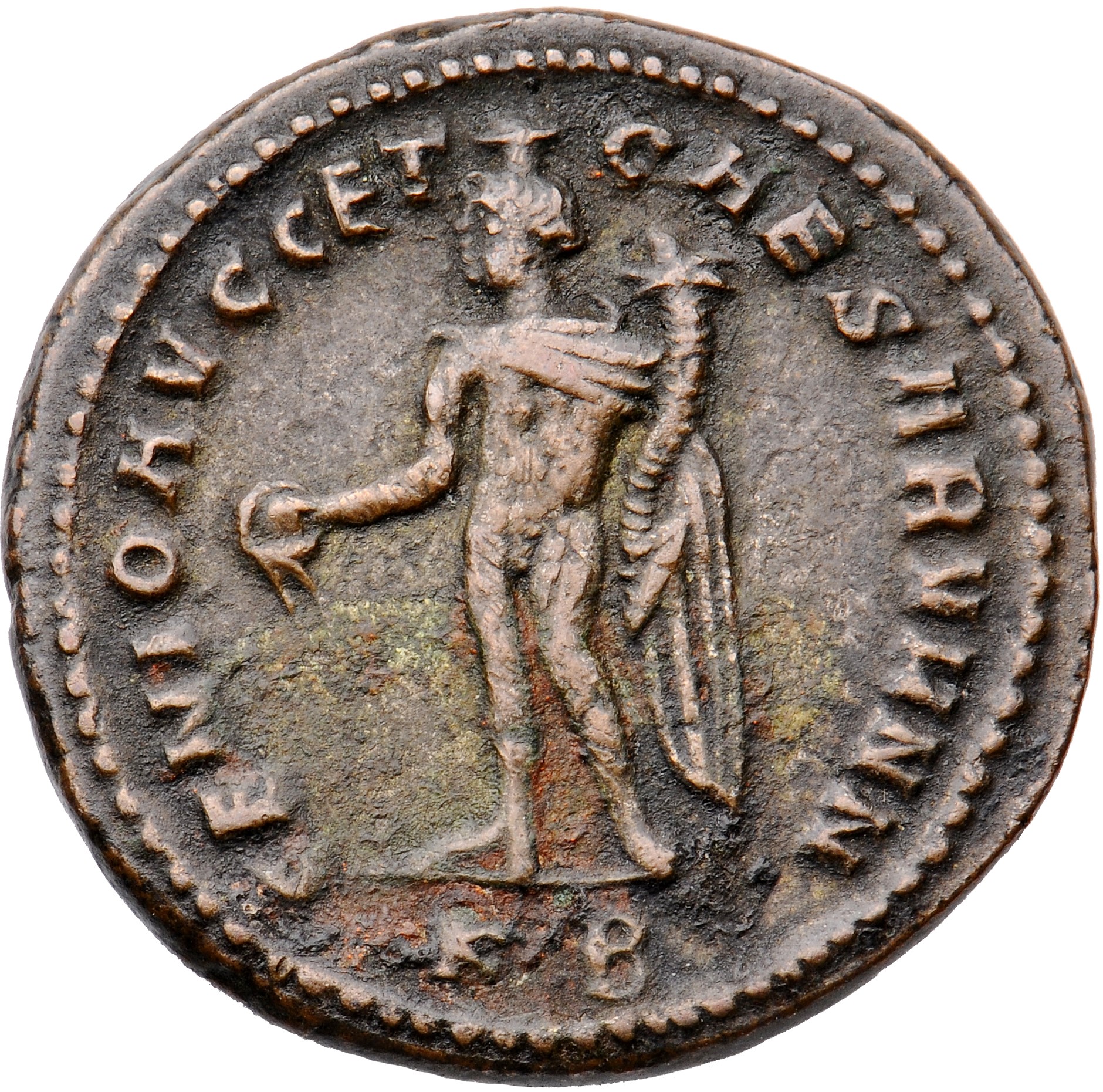 RIC VI Cyzicus 11a Diocletian reverse, Genius, wearing modius, nude, chlamys draped over left shoulder, standing left, pou...