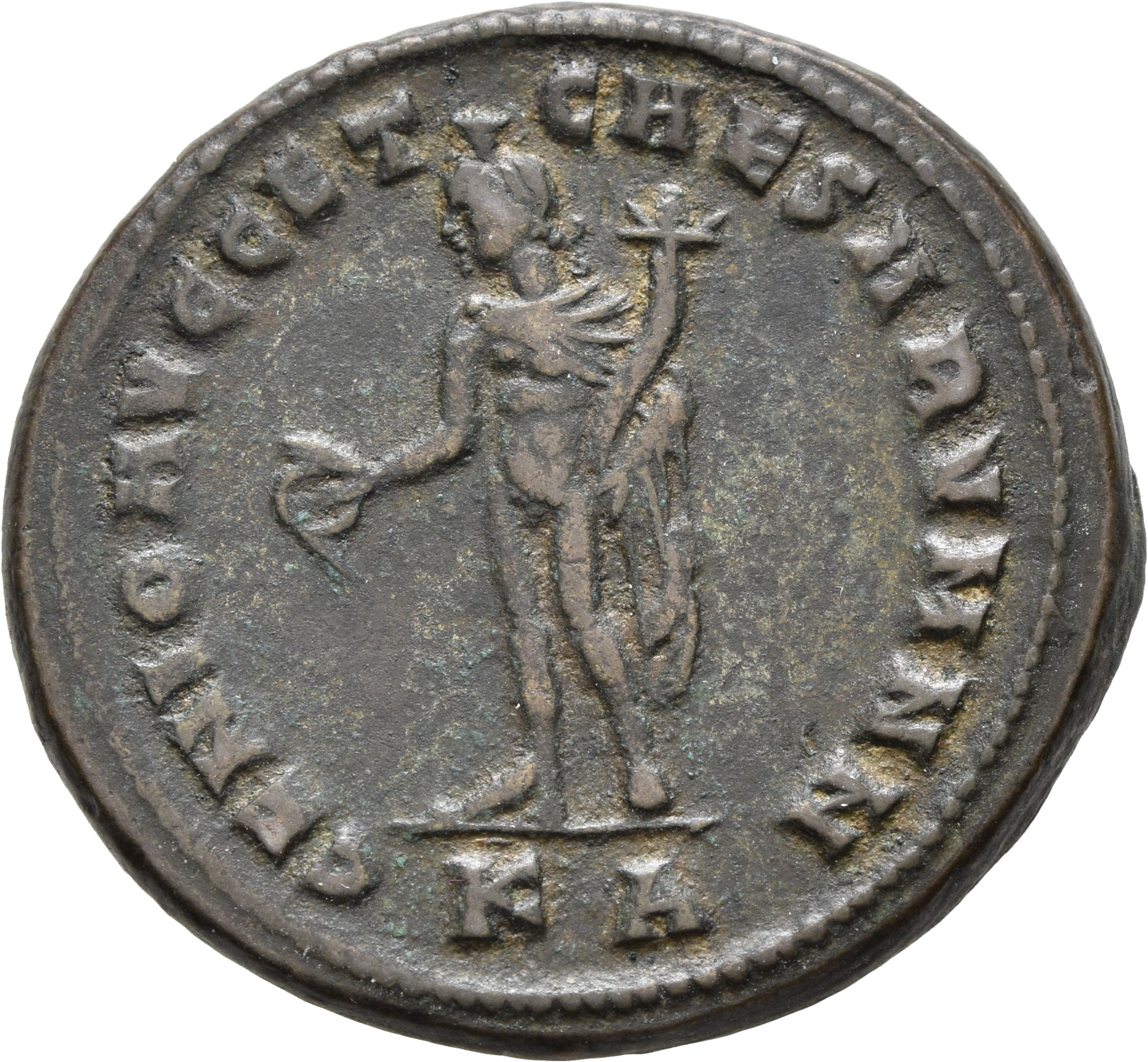 RIC VI Cyzicus 11b Diocletian reverse, Genius, wearing modius, nude, chlamys draped over left shoulder, standing left, pou...