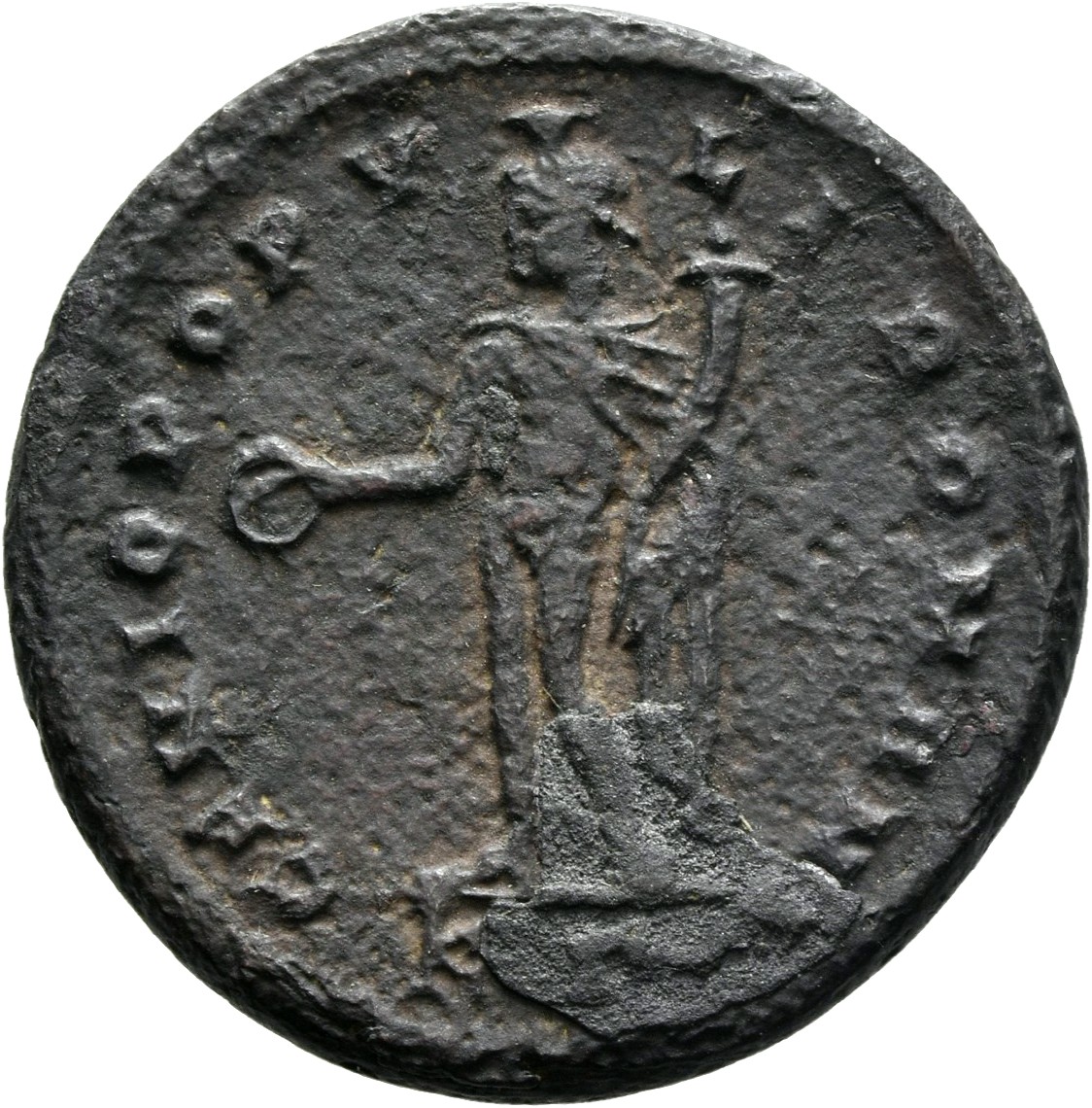 RIC VI Cyzicus 12a Diocletian reverse — Genius, wearing modius, nude, chlamys draped over left shoulder, standing left, po...