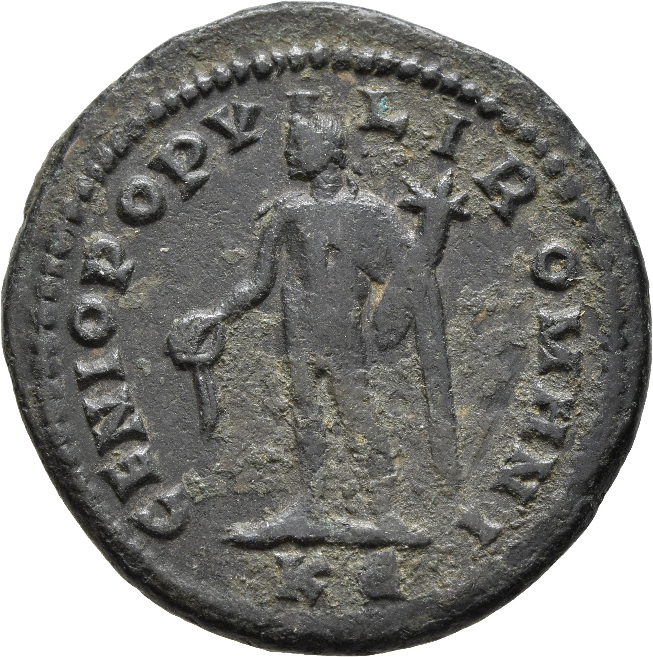 RIC VI Cyzicus 12b Diocletian reverse, Genius, wearing modius, nude, chlamys draped over left shoulder, standing left, pou...