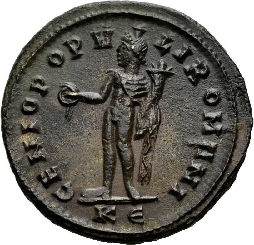 RIC VI Cyzicus 12b Diocletian reverse, Genius, wearing modius, nude, chlamys draped over left shoulder, standing left, pou...