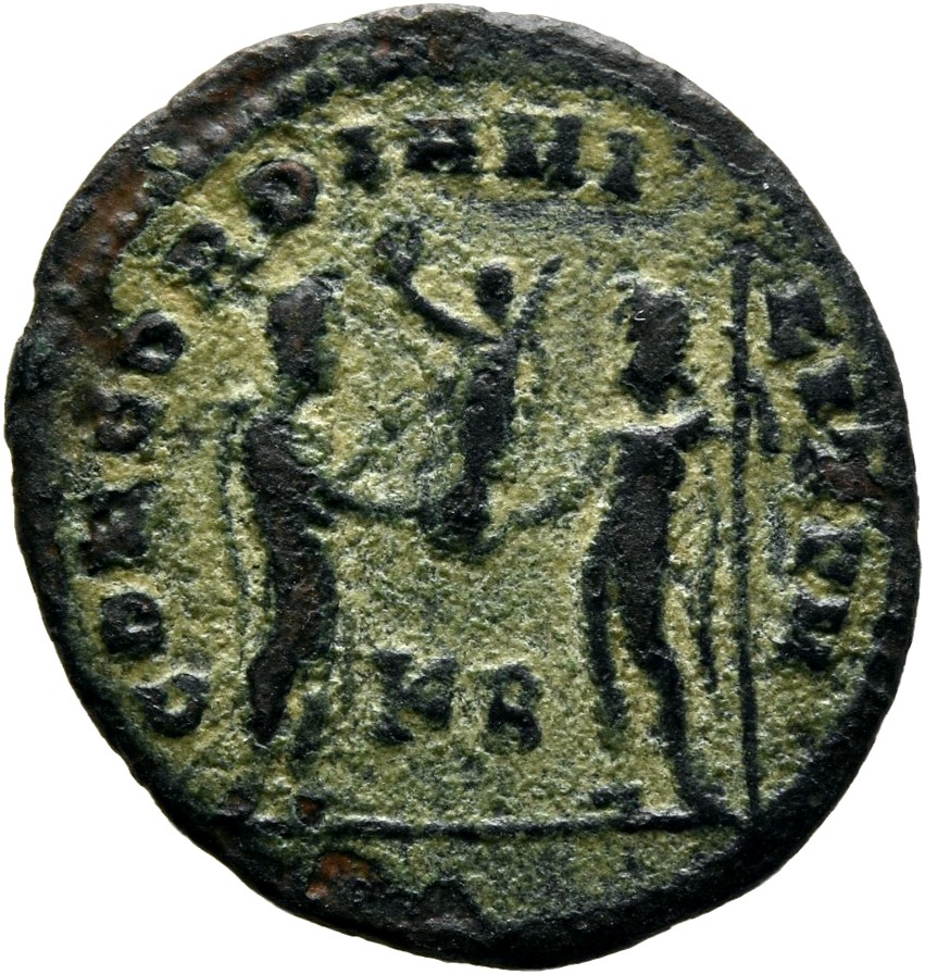 RIC VI Cyzicus 15a Diocletian reverse — Diocletian, draped, cuirassed, standing right, receiving small Victory on globe fr...
