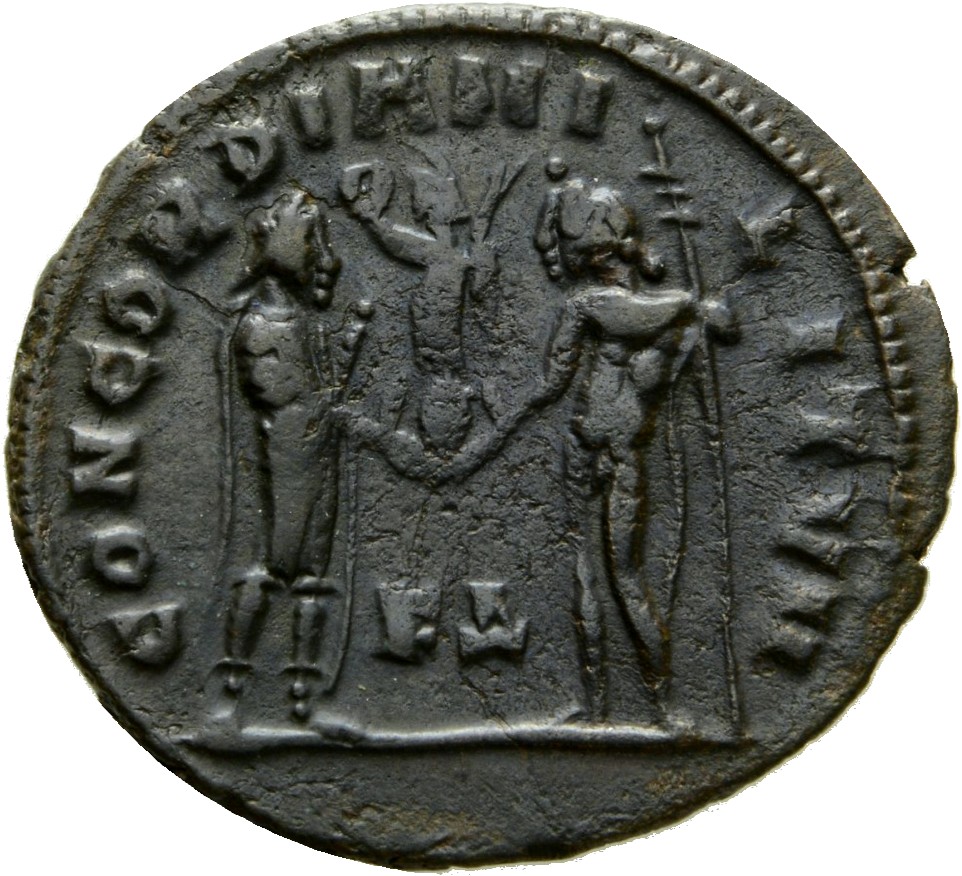 RIC VI Cyzicus 15b Diocletian reverse, Maximian, draped, cuirassed, standing right, receiving small Victory on globe from ...