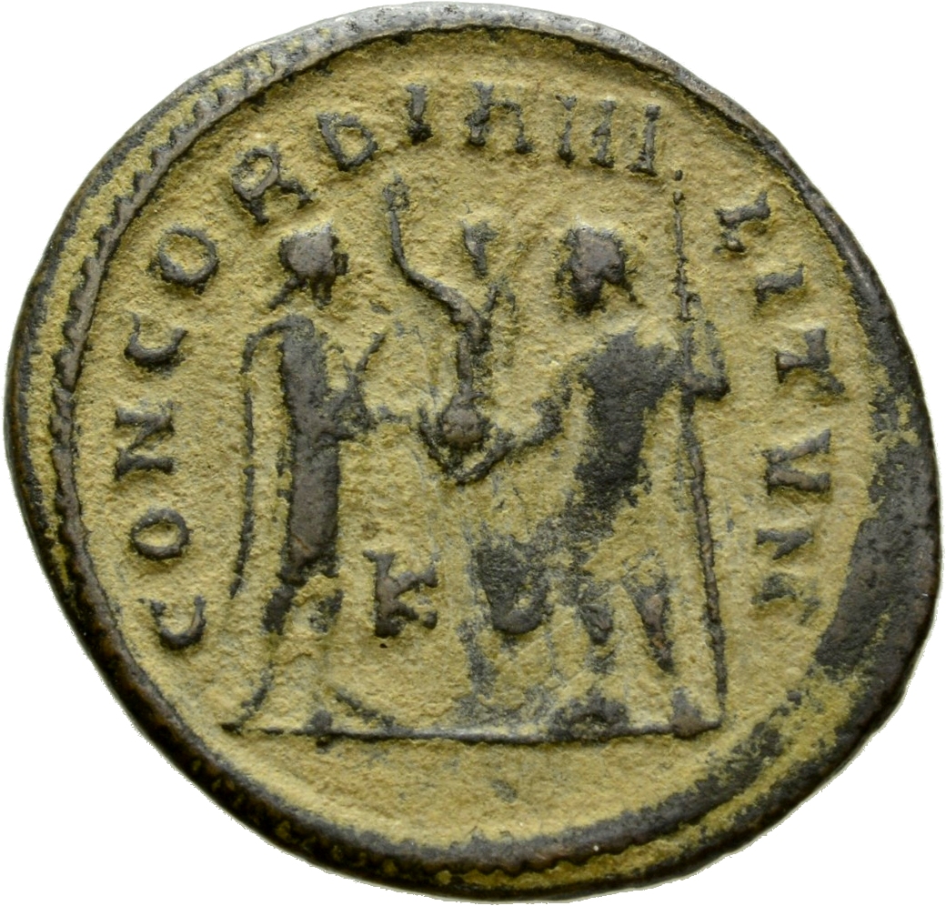 RIC VI Cyzicus 15b Diocletian reverse — Maximian, draped, cuirassed, standing right, receiving small Victory on globe from...