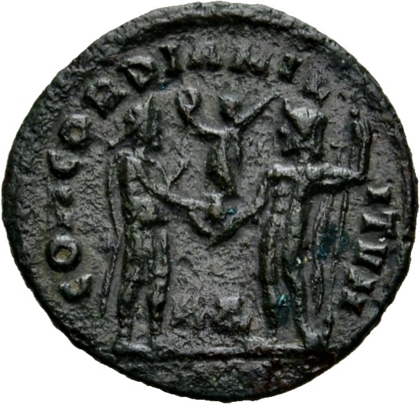 RIC VI Cyzicus 16a Diocletian reverse — Diocletian, draped, cuirassed, standing right, receiving small Victory on globe fr...