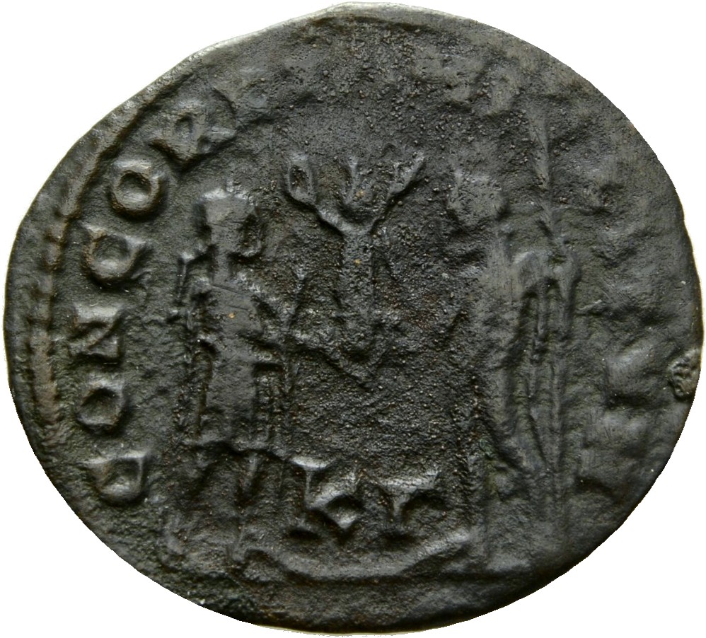 RIC VI Cyzicus 16b Diocletian reverse, Maximian, draped, cuirassed, standing right, receiving small Victory on globe from ...