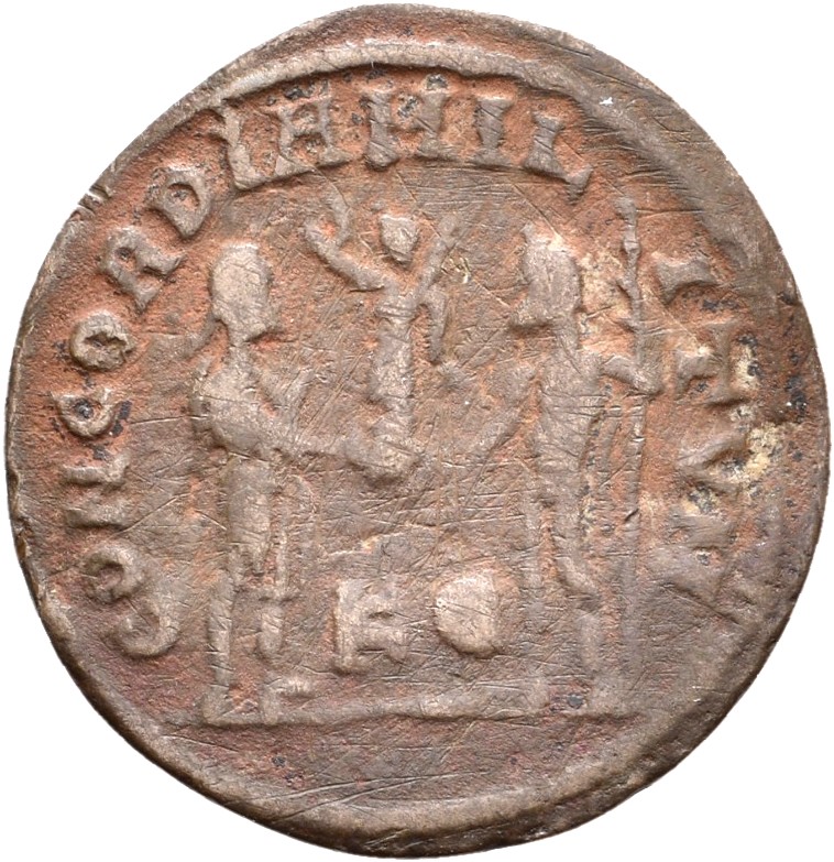 RIC VI Cyzicus 16b Diocletian reverse — Maximian, draped, cuirassed, standing right, receiving small Victory on globe from...