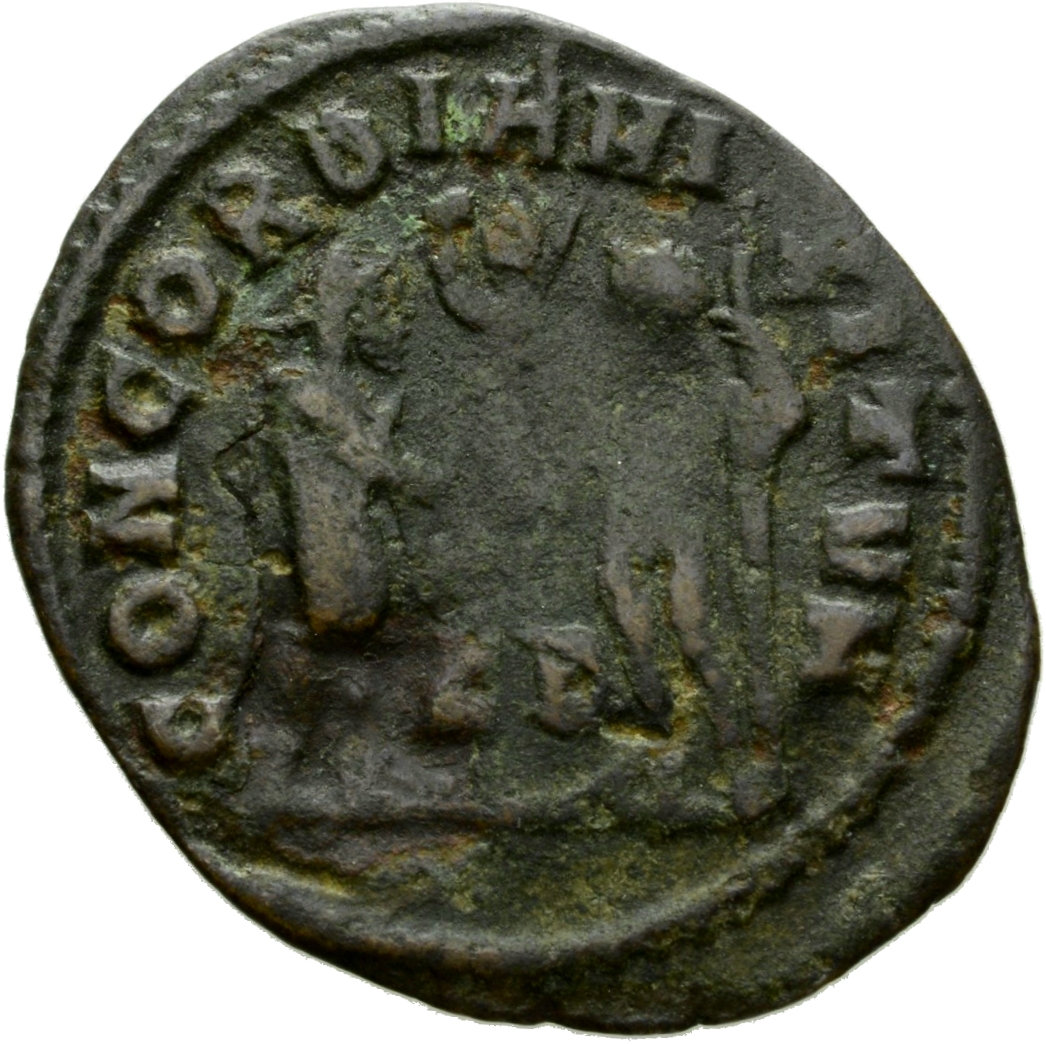 RIC VI Cyzicus 18a Diocletian reverse, Constantius Chlorus, draped, cuirassed, standing right, receiving small Victory on ...