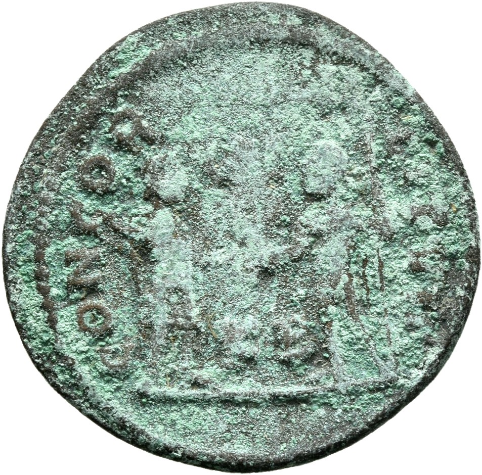 RIC VI Cyzicus 18a Diocletian reverse — Constantius Chlorus, draped, cuirassed, standing right, receiving small Victory on...