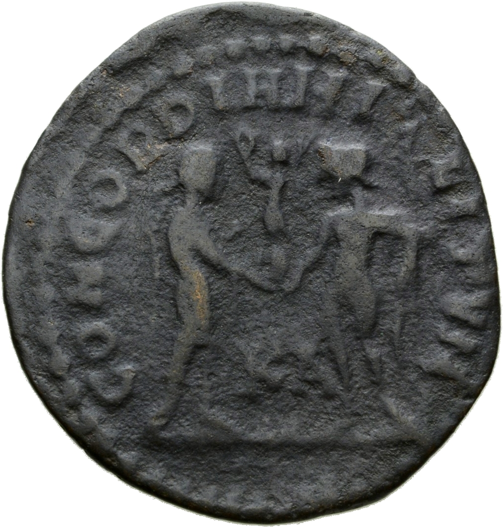 RIC VI Cyzicus 18b Diocletian reverse — Galerius, draped, cuirassed, standing right, receiving small Victory on globe from...
