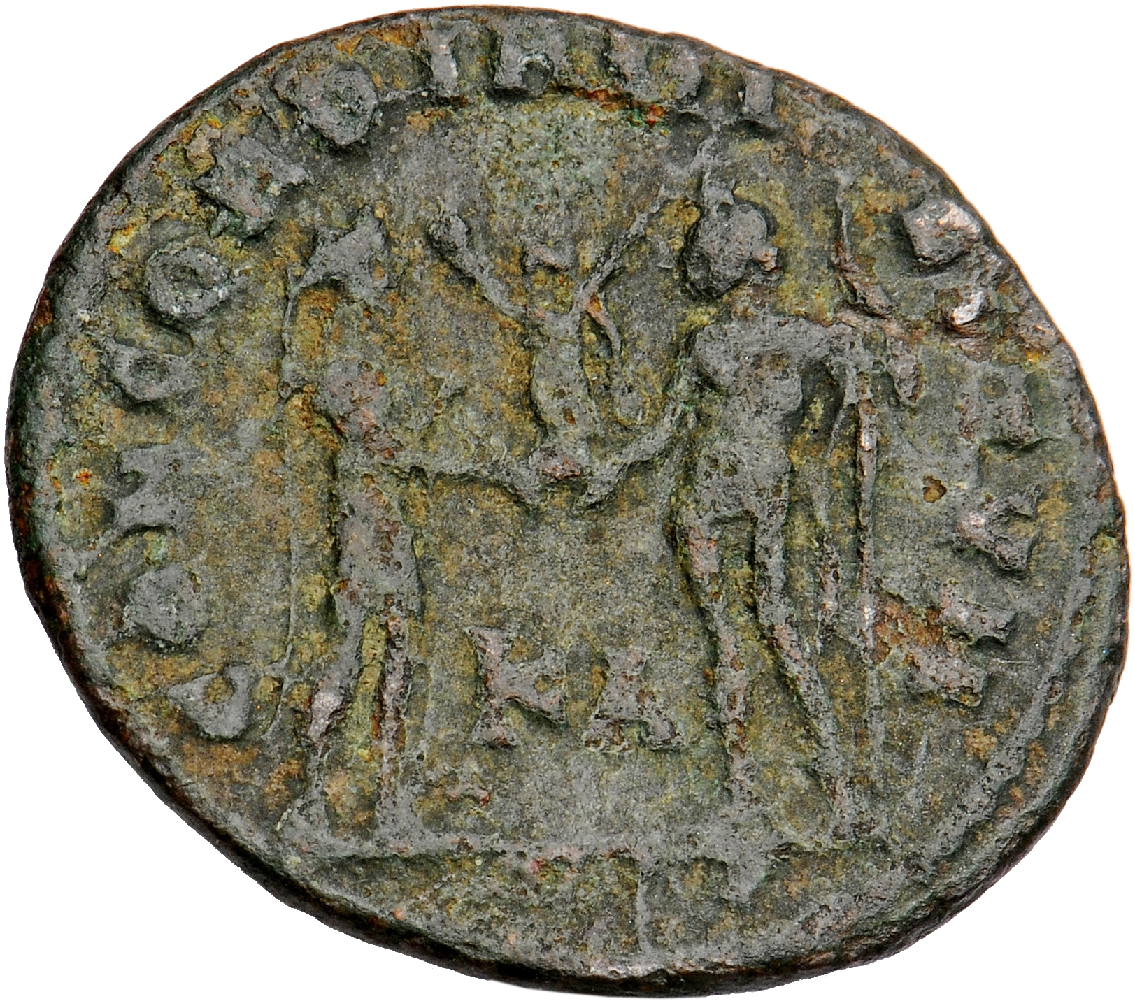 RIC VI Cyzicus 19b Diocletian reverse, Galerius, draped, cuirassed, standing right, receiving small Victory on globe from ...