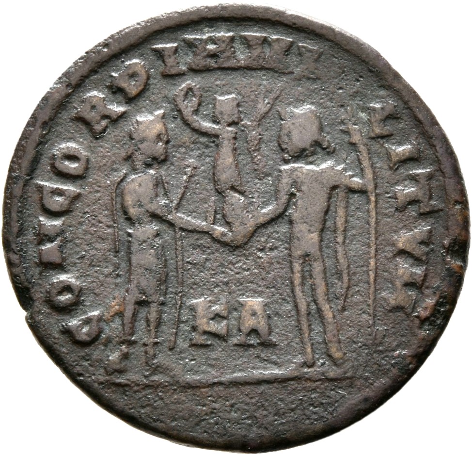 RIC VI Cyzicus 19b Diocletian reverse — Galerius, draped, cuirassed, standing right, receiving small Victory on globe from...