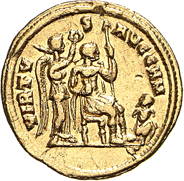 RIC VI Cyzicus 2 Diocletian reverse, Diocletian, draped, seated right on throne, holding sceptre in right hand; Victory, s...