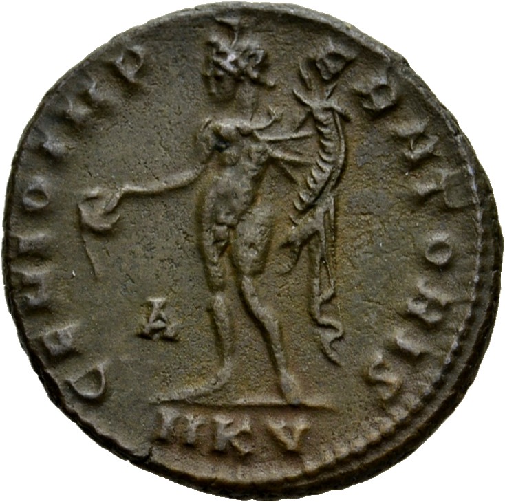 RIC VI Cyzicus 44 Galerius reverse, Genius, wearing modius, nude, chlamys draped over left shoulder, standing left, pourin...