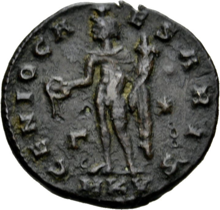 RIC VI Cyzicus 55 Galerius reverse — Genius, wearing modius, nude, chlamys draped over left shoulder, standing left, pouri...