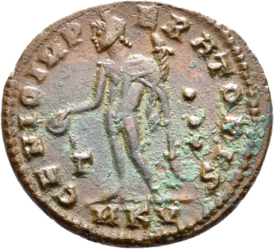 RIC VI Cyzicus 70 Galerius reverse, Genius, wearing modius, nude, chlamys draped over left shoulder, standing left, pourin...