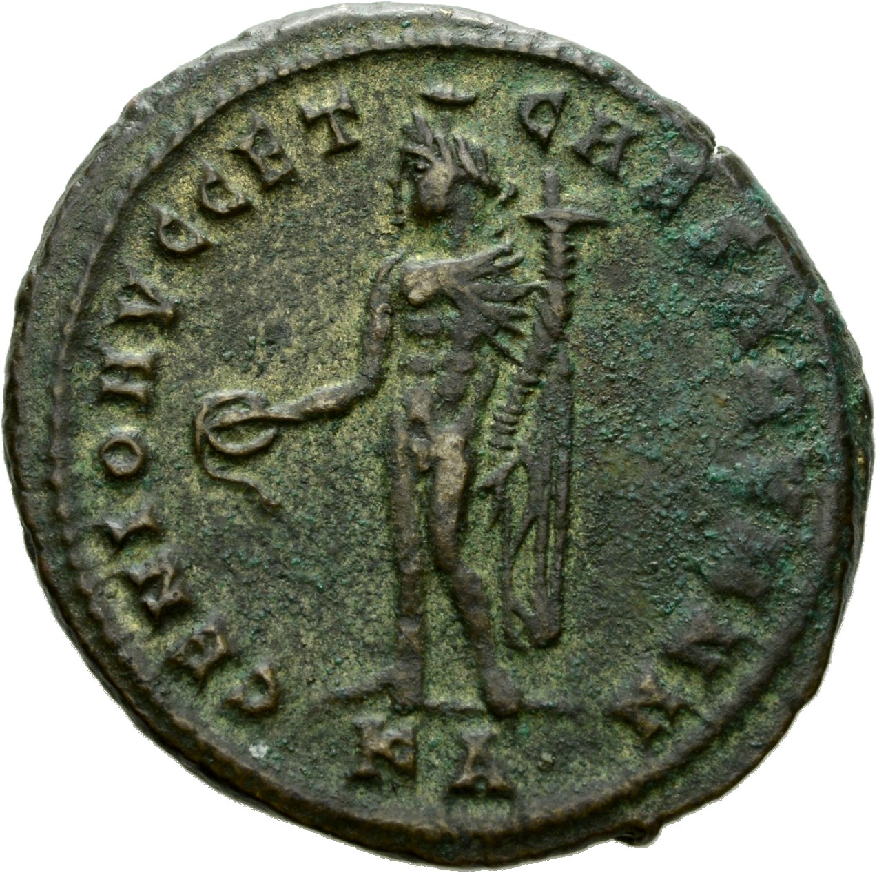 RIC VI Cyzicus 9a Diocletian reverse, Genius, wearing modius, nude, chlamys draped over left shoulder, standing left, pour...