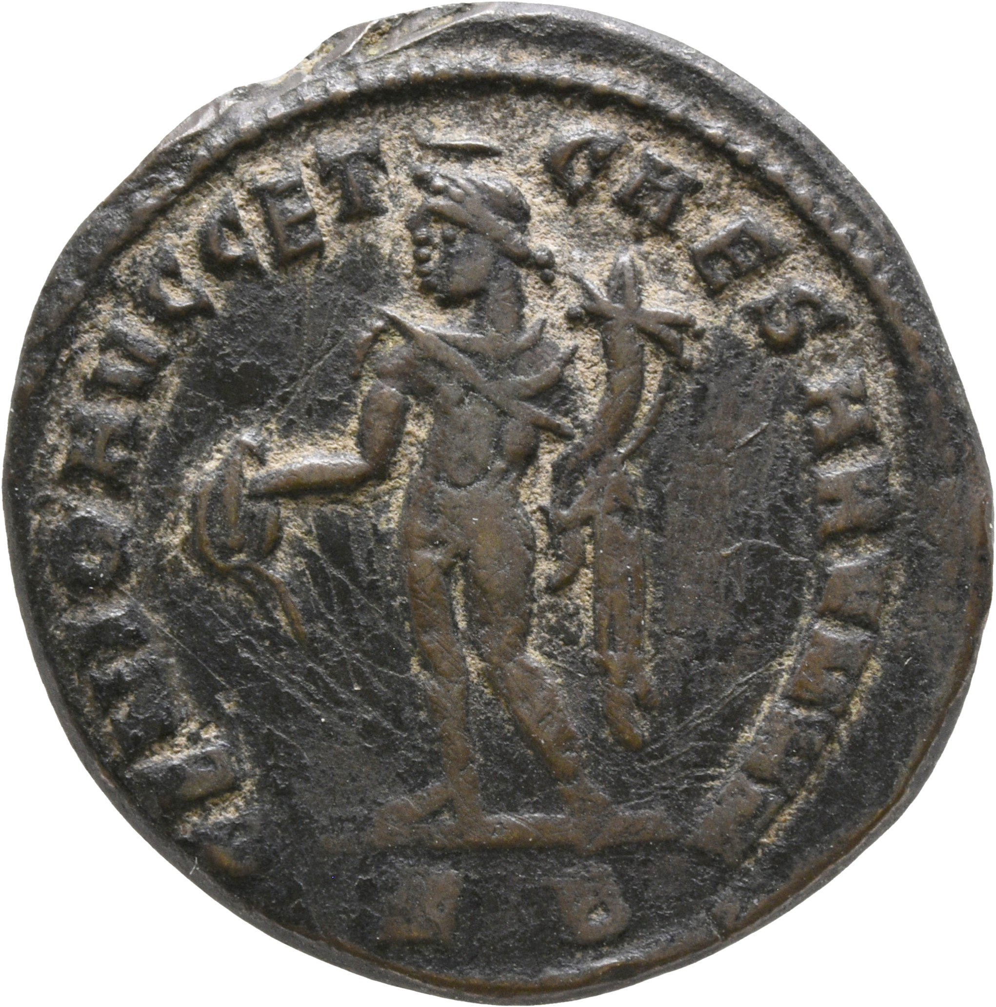 RIC VI Cyzicus 9a Diocletian reverse, Genius, wearing modius, nude, chlamys draped over left shoulder, standing left, pour...