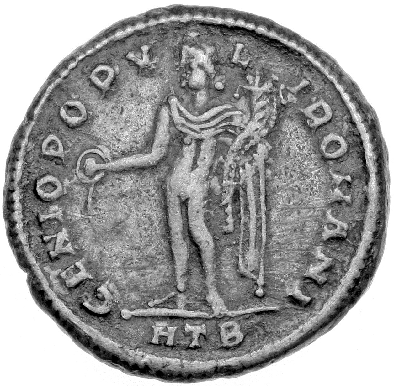 RIC VI Heraclea 19a Diocletian reverse, Genius, wearing modius, nude, chlamys draped over left shoulder, standing left, po...