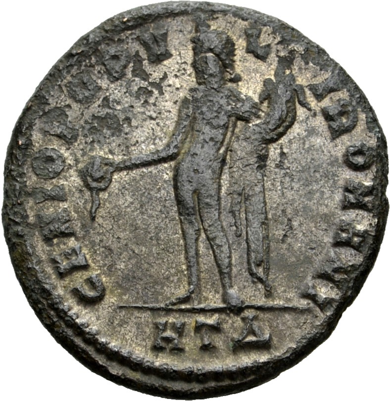 RIC VI Heraclea 19a Diocletian reverse — Genius, wearing modius, nude, chlamys draped over left shoulder, standing left, p...