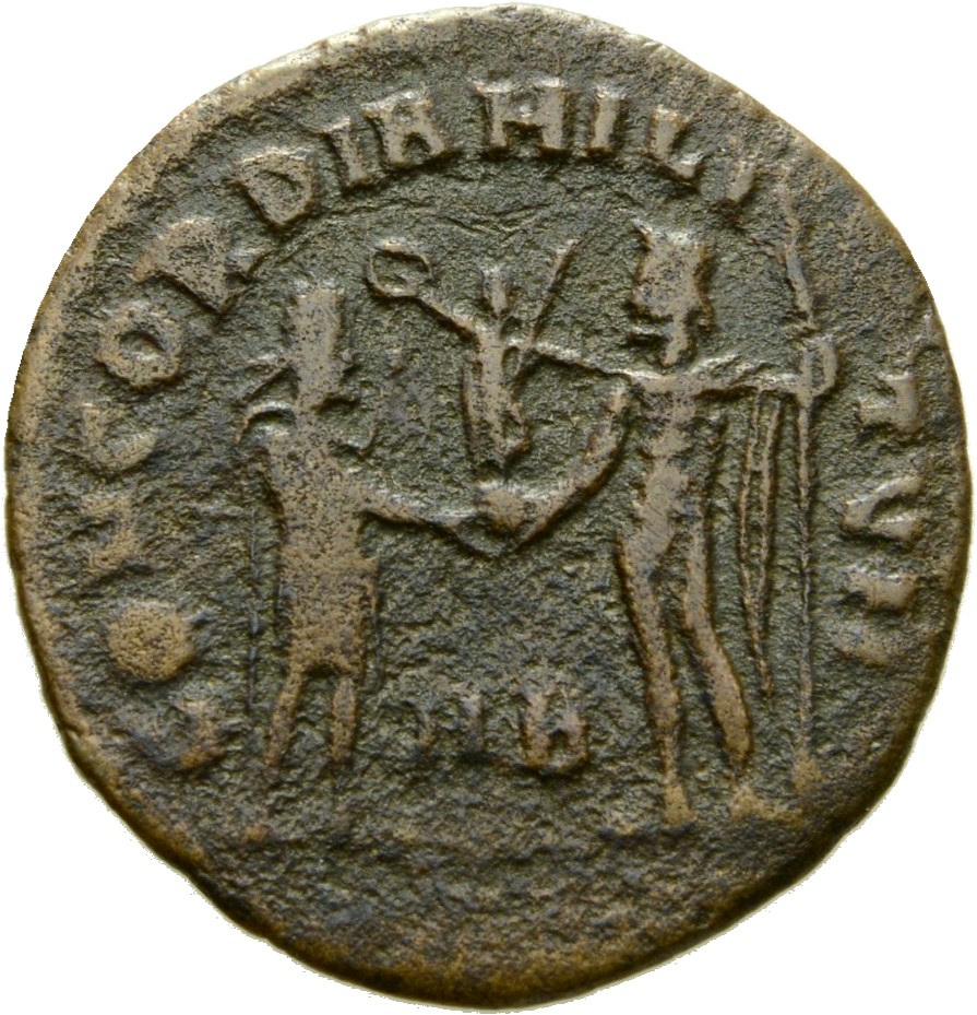 RIC VI Heraclea 22 Diocletian reverse, Maximian, draped, cuirassed, standing right, receiving small Victory on globe from ...