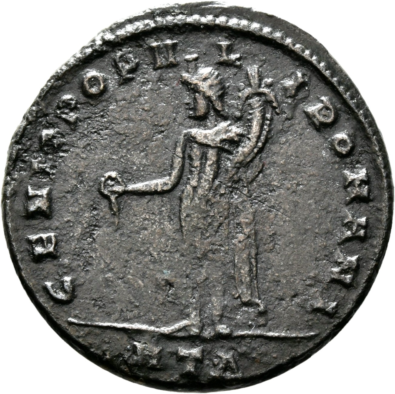 RIC VI Heraclea 25 Galerius reverse, Genius, wearing modius, nude, chlamys draped over left shoulder, standing left, pouri...