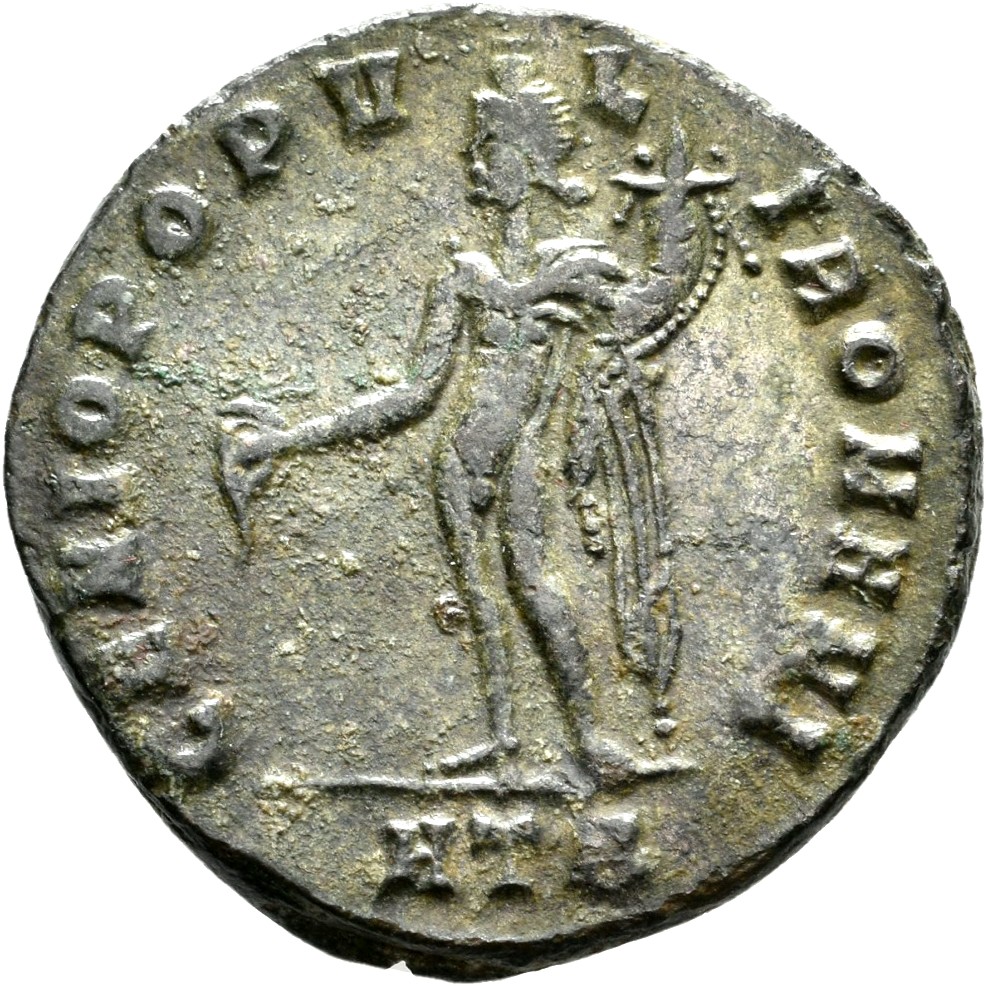 RIC VI Heraclea 25 Galerius reverse — Genius, wearing modius, nude, chlamys draped over left shoulder, standing left, pour...