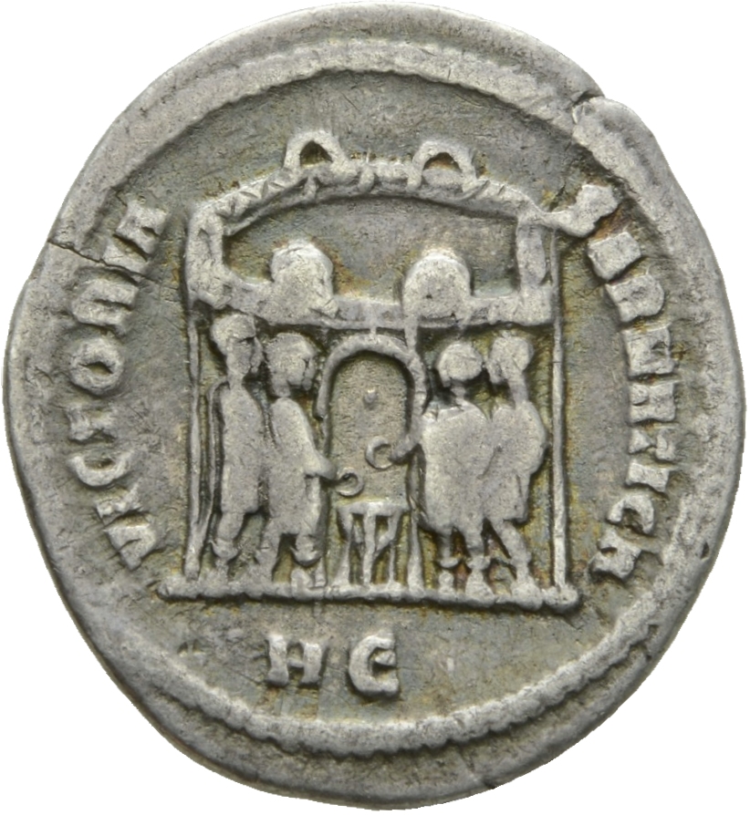 RIC VI Heraclea 3 Diocletian reverse, Diocletian, Maximian, Constantius Chlorus, and Galerius, draped, sacrificing over tr...