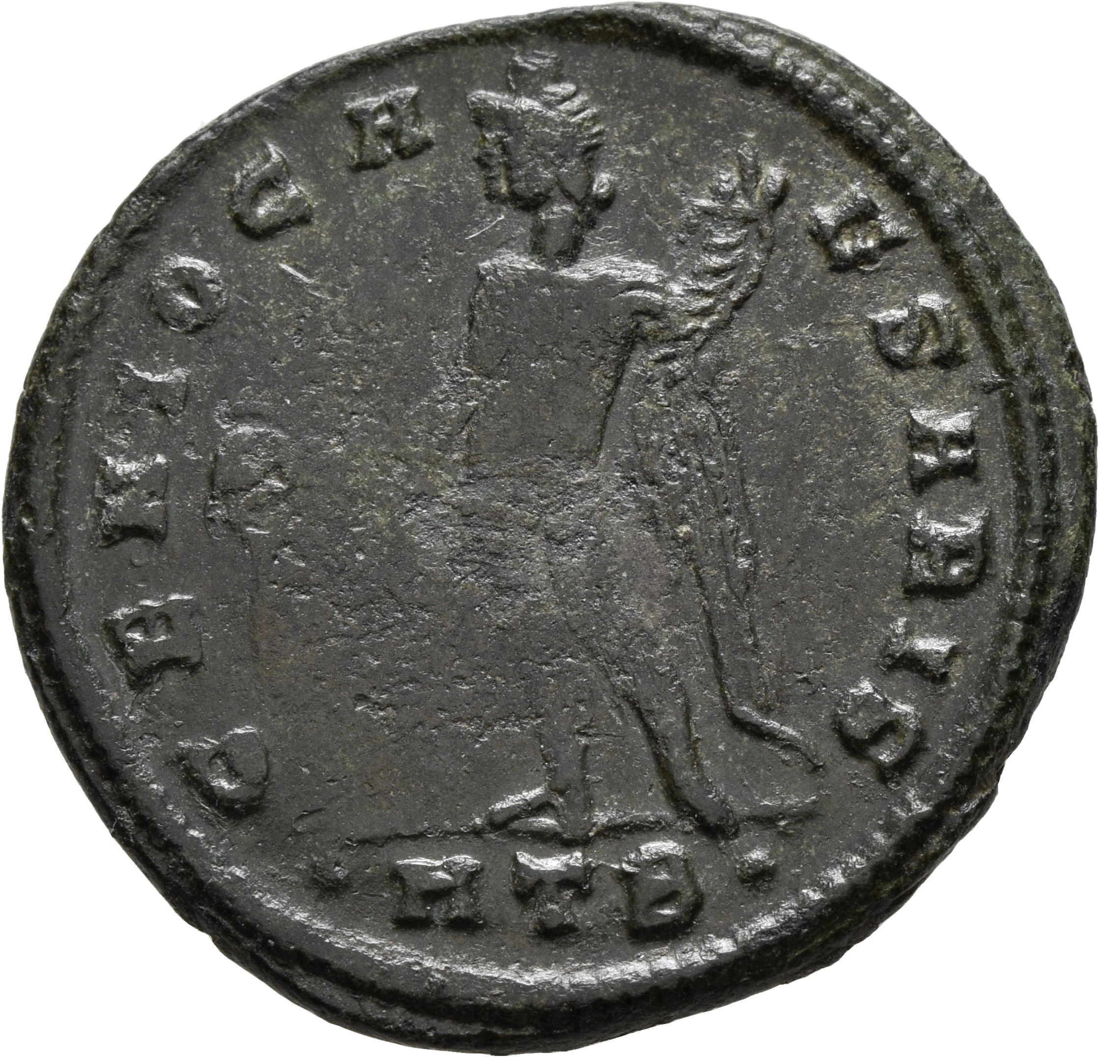 RIC VI Heraclea 35 Galerius reverse, Genius, wearing modius, nude, chlamys draped over left shoulder, standing left, pouri...